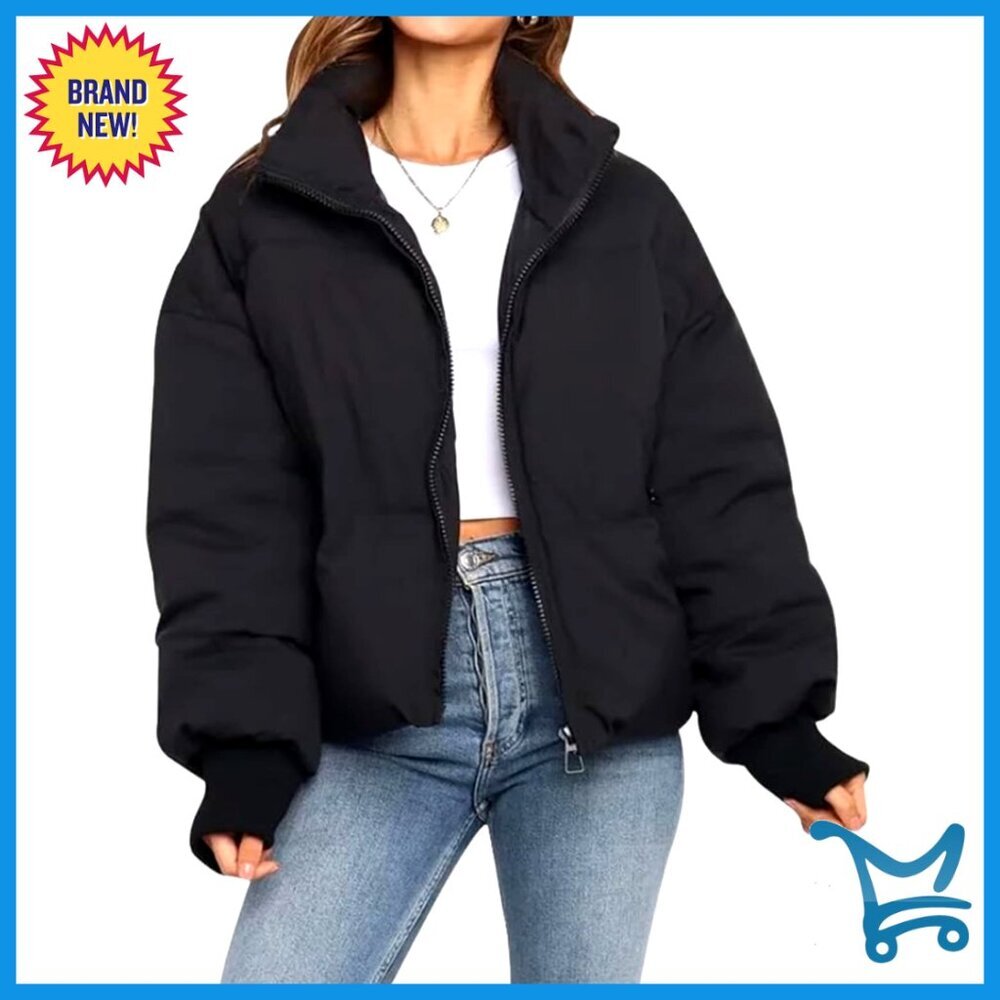 Cropped Puffer Jacket Quilted Lightweight Winter Coat Chic Warm Outerwear - Picture 1 of 7